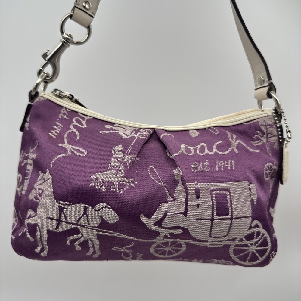 VTG Y2K Coach Purple Horse Carriage Print Wristlet & Bag Canvas Leather Trim EUC - Picture 3 of 14